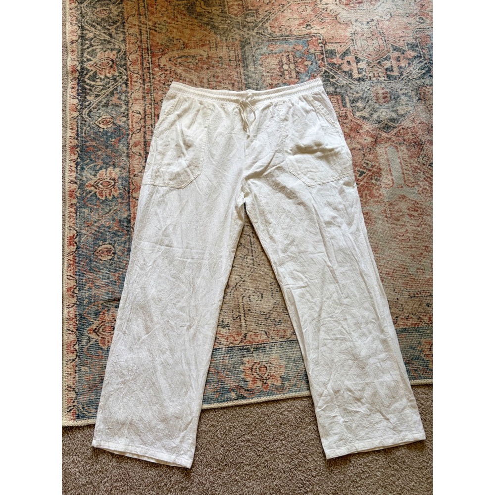 Unbranded Women's 2XL White Wide Leg Cotton Linen Blend Pants Drawstring